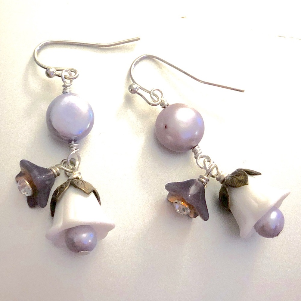 Handmade pearl and vintage milk glass earrings